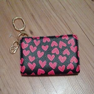 Victorias Secret Black/Red Hearts Wallet Keychain with Pink Heart Print